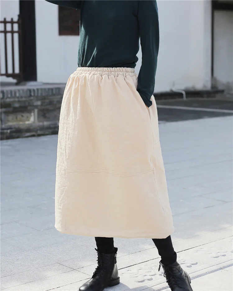 Зимняя однотонная теплая хлопковая юбка трапециевидной формы, Женская утолщенная винтажная юбка с подкладкой, женская повседневная юбка с эластичной резинкой на талии, юбки с высокой талией Saia