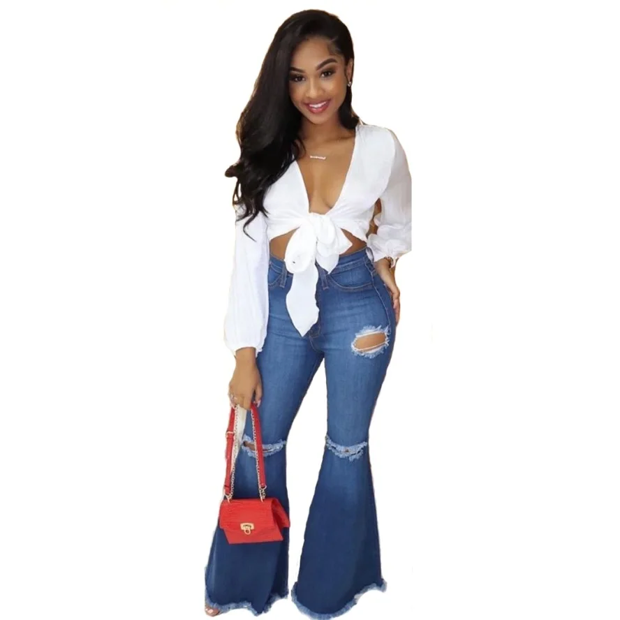 

Ladies Bell-Bottoms Jeans Casual High Waist Fashion Denim Flare Pants Vintage Casual Boot-Cut Pant Female Trousers Hole Ripped