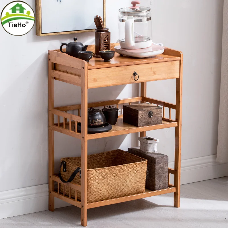 TieHo 3 Tier Bamboo Shelf Serving Table with Wheels Drawer Kitchen Storage Cart Bar Cart Chinese Wine Tea Island Trolley