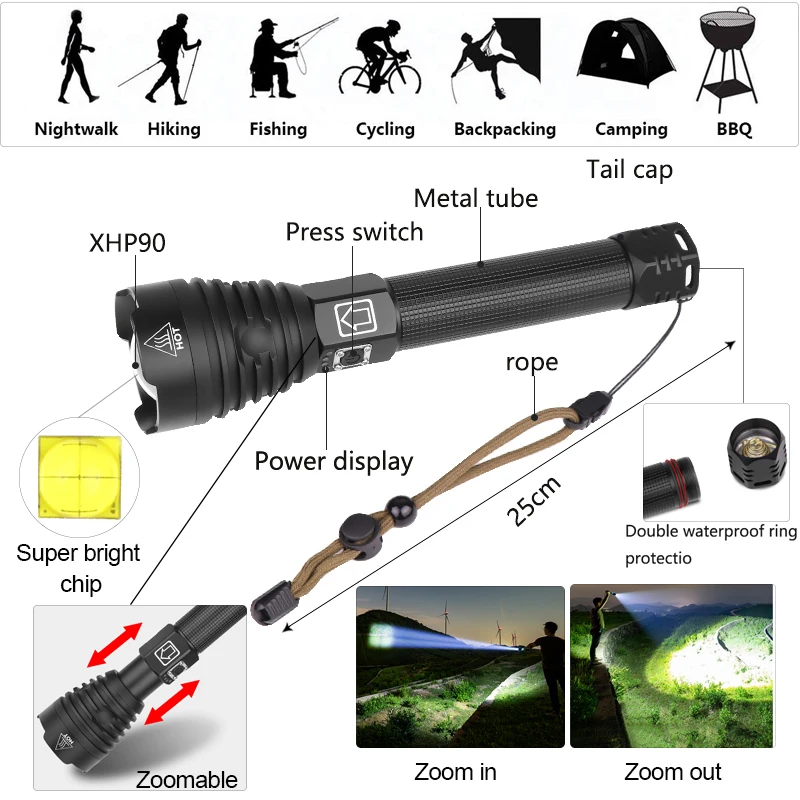 Мощный XHP50 XHP70.2 XHP90 светодиодный фонарик перезаряжаемый фонарь супер водонепроницаемый зум лучший для кемпинга рыбалки охота свет