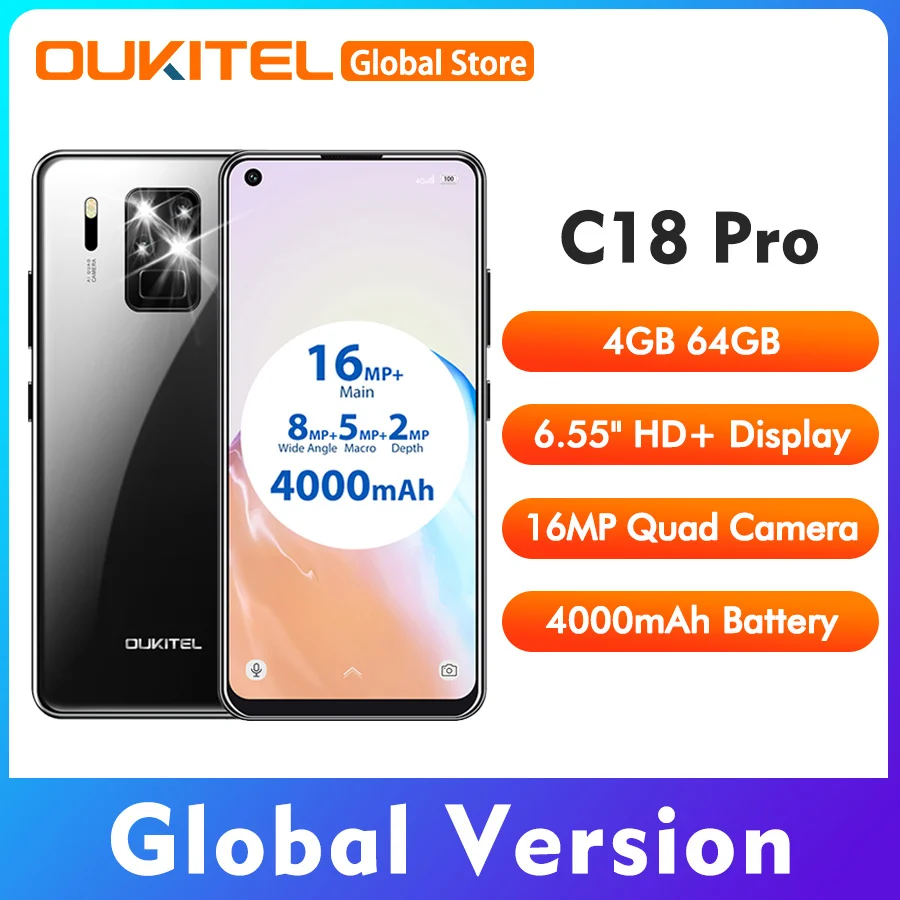 OUKITEL C18 Pro 6.55" Android 9.0 MT6757 4GB 64GB 16MP 4 Cameras Smartphone 1600*720 4000mAh Octa Core Fingerprint Mobile Phone |