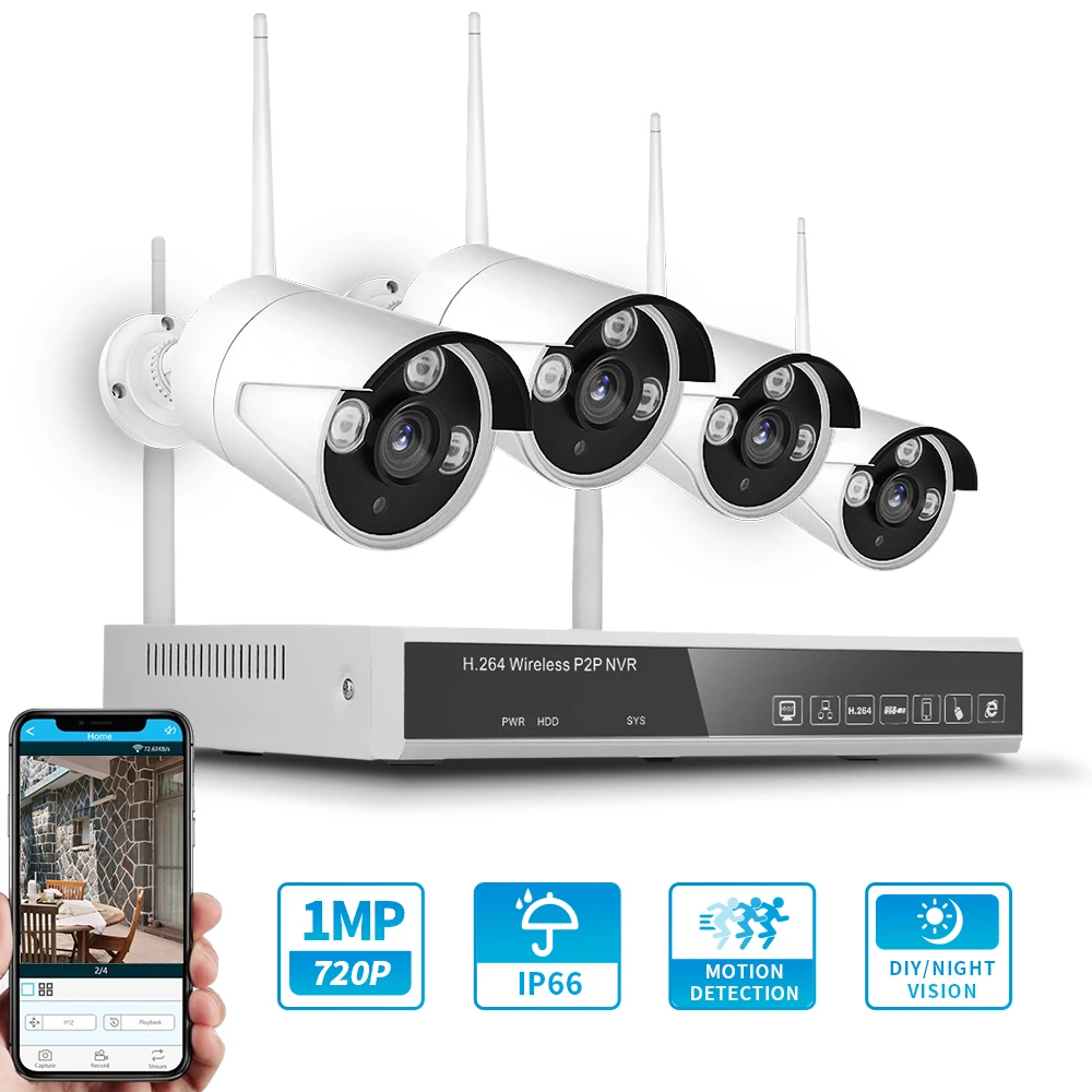 

Wireless NVR Kit Security Surveillance System 1.0MP 720P 4 Cameras WIFI Home Security Camera Monitor Video Surveillance Set