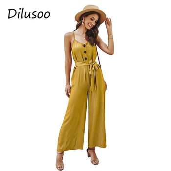 

Dilusoo 2020 Summer Jumpsuits Women Solid Loose Casual Romper Female With Belt Buttons Spaghetti Strap Office Lady Jumpsuit