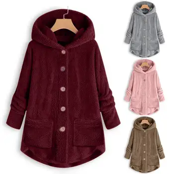 

Women Solid Color Warm Plush Button Hooded Coat Loose Jacket Irregular Outwear