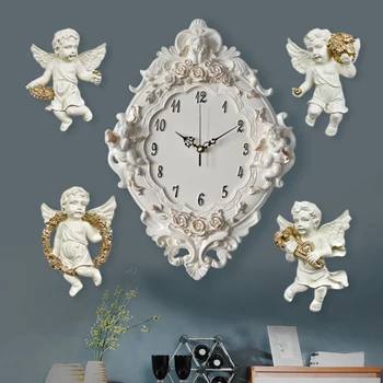 

European 4pcs angel Resin wall clock Rose Flower and watches Classic For style living room bedroom mute resin angel clock gift