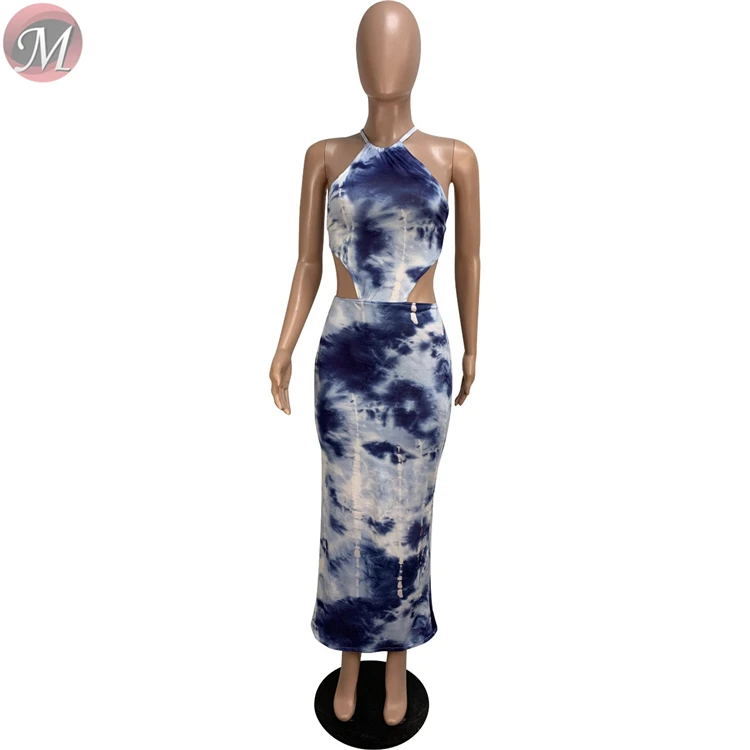 9060601 queenmoen new design tie dye print straps backless woman summer long dress