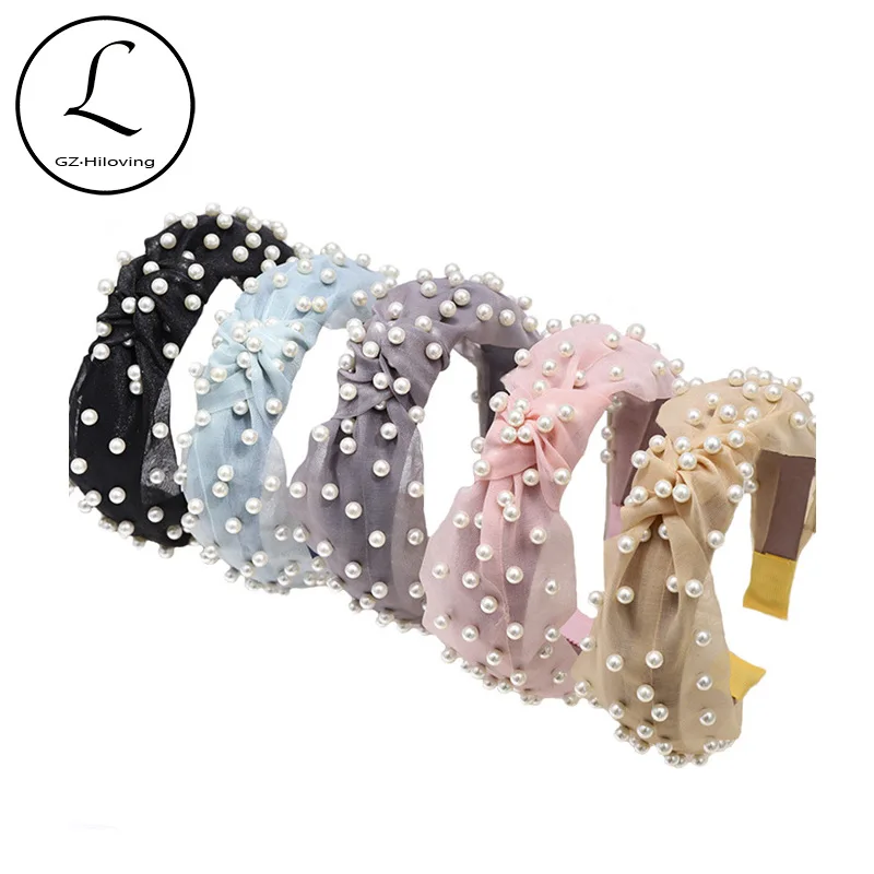 

Korean Women Bow Knot Pearls Head Band Hair Accessories Candy Color Mesh Wide Hairband Hair Hoop for Femme Girls Christmas Gifts