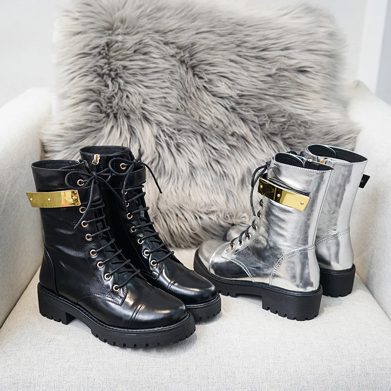 Botas Mujer/ г. Женская обувь зимние мотоциклетные ботинки черного и серебристого цвета женские ботинки на шнуровке с круглым носком женская обувь scarpe donna