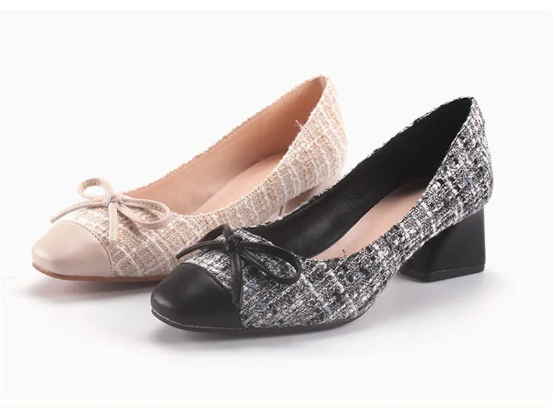 Korean Plaid Single High Heels Pumps Shoes Woman 2020 New Square Toe Thick Heels Women Pumps Fashion Bow High Heel Women's Shoes (6)