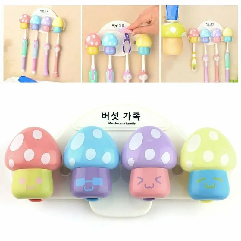 Creative Powerful Suction Cup Toothbrush Holder Cartoon Mushroom Children Toothbrush Holder Color Bathroom Wall Bracket
