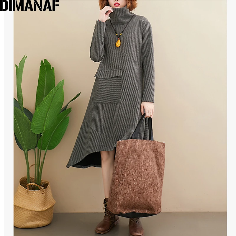 DIMANAF, осенне-зимнее женское платье, винтажное, водолазка размера плюс, хлопок, утолщенное, теплое, элегантное, женское, Vestidos, платья в полоску