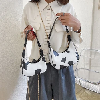 

Cow Pattern Women's Shoulder Bag Fashion Retro Chain Messenger Bag Moon Bag Cute Mini Portable Casual Bag