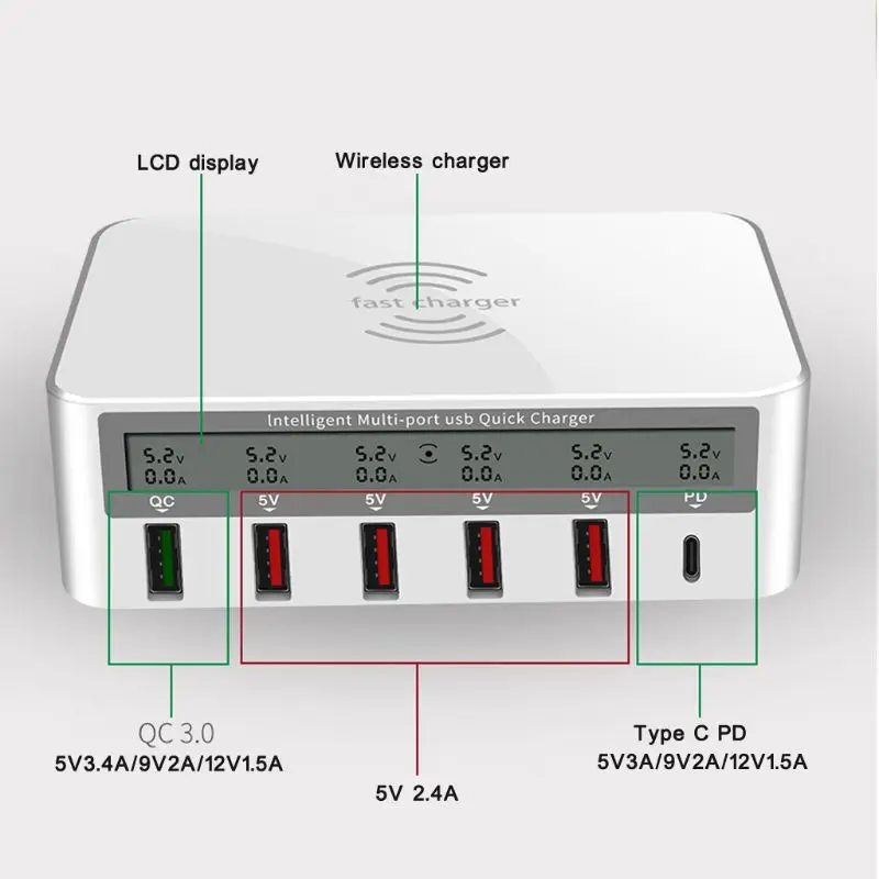 Универсальный 100 Вт 5x USB QC 3,0& type C PD быстрое зарядное устройство адаптер Qi Беспроводная зарядная станция для iPhone ipad samsung Xiaomi huawei