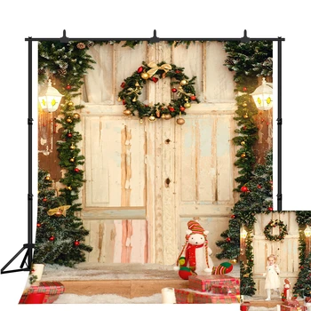 

Vintage Wooden Door Vinyl Photography Background Christmas Tree And Gift Box Gallery Backdrops For Photo Studio
