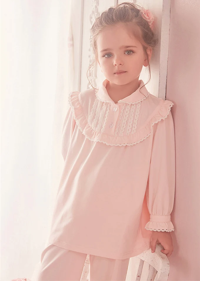 Kids Pajamas Set Children Girl Lolita Vintage Toddler Royal Style Sleep Loungewear Turndown Collar Tops Pants