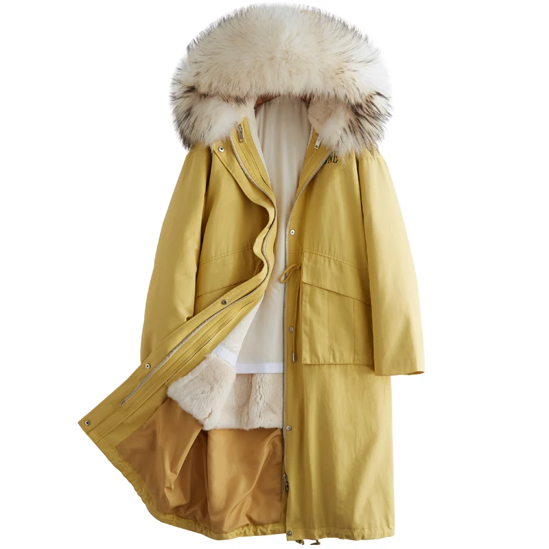 

2020 New Fault Code Raccoon Fur Send Overcome Overcoat Long Warm Money Yellow Leather And Fur Loose Coat Thickness