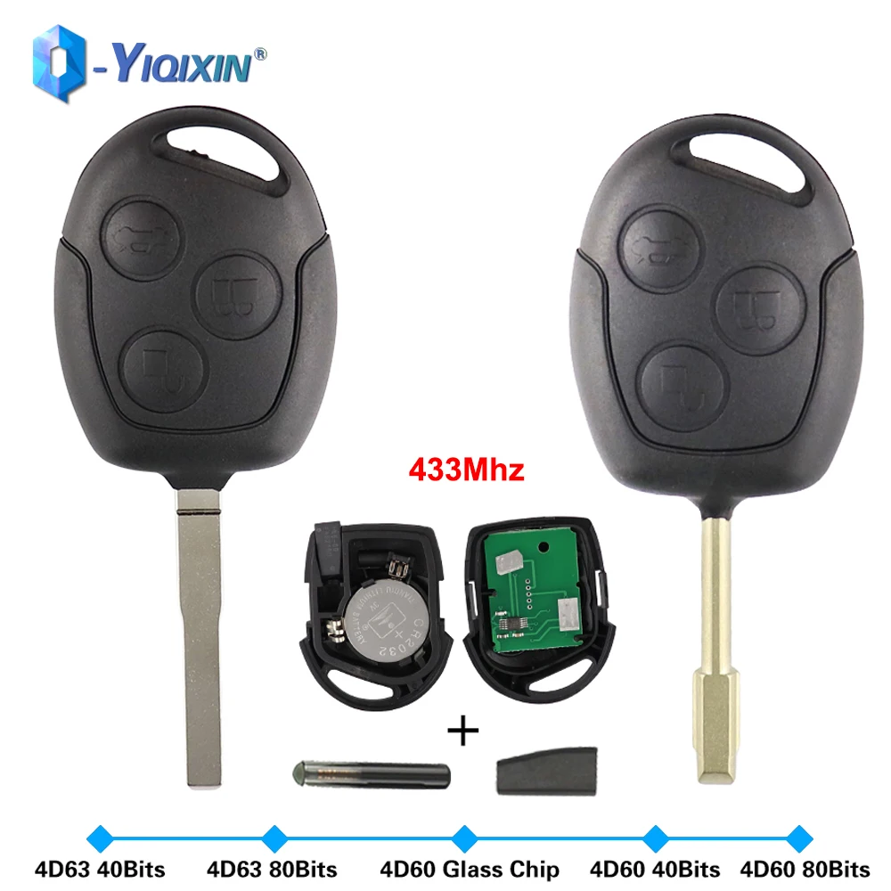 YIQIXIN Smart Remote Car Key 3 Buttons Fob For Ford Focus 2 Fiesta Transit Mondeo Fusion Galaxy 433Mhz 4D60 4D63 40/80 Bits Chip yiqixin 3 buttons 4d60 4d63 chip filp smart car key remote for ford focus c max s max galaxy mondeo fiesta 433mhz auto fob case