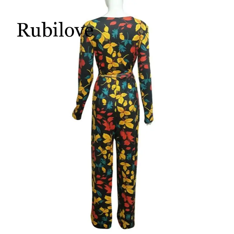 Сексуальный Свободный комбинезон с принтом листьев, повседневный комбинезон с v-образным вырезом и длинным рукавом для женщин, вечерние комбинезоны в пол с широкими штанинами и поясом