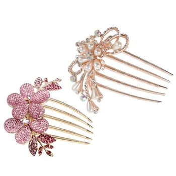 

2Pcs Rhinestones Pearls Bridal Wedding Party Hair Comb Headdress Clip Pin Decor, Gold & Pink