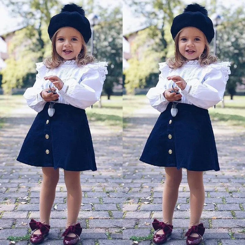 

1-6T Autumn Baby Girl Long Sleeve Shirt Blouse Short Skirts Lace Design Casual Outfits Set New