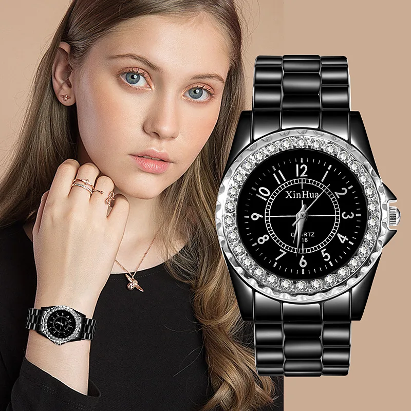 Женские черные часы роскошные с кристаллами и браслетом женские белые