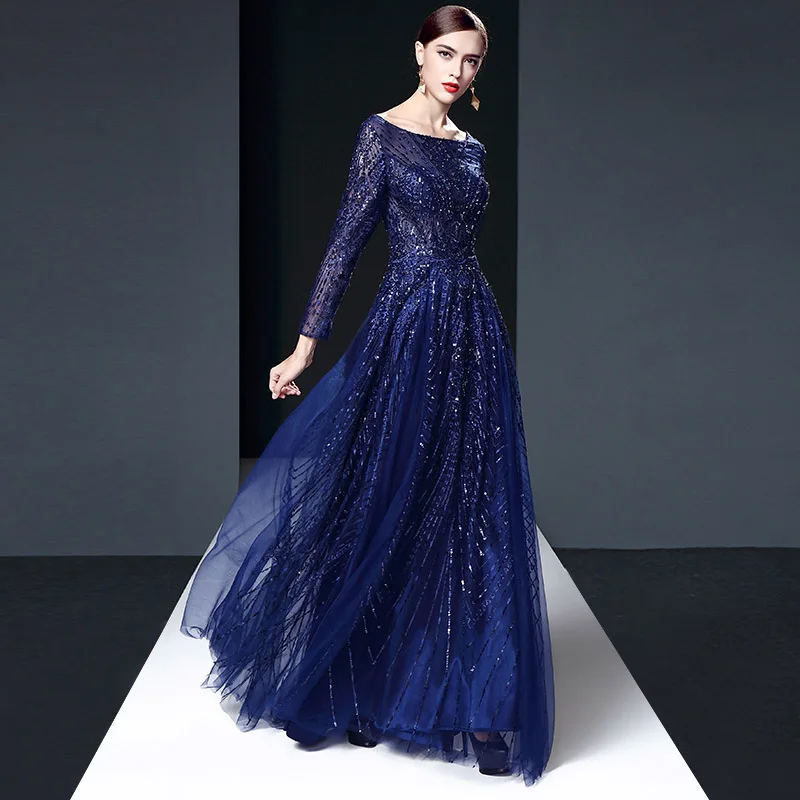 Robe De Soiree, длинные рукава, темно-синие вечерние платья, с блестками, с ручной отделкой бисером, элегантное вечернее платье с v-образным вырезом на спине, длинное