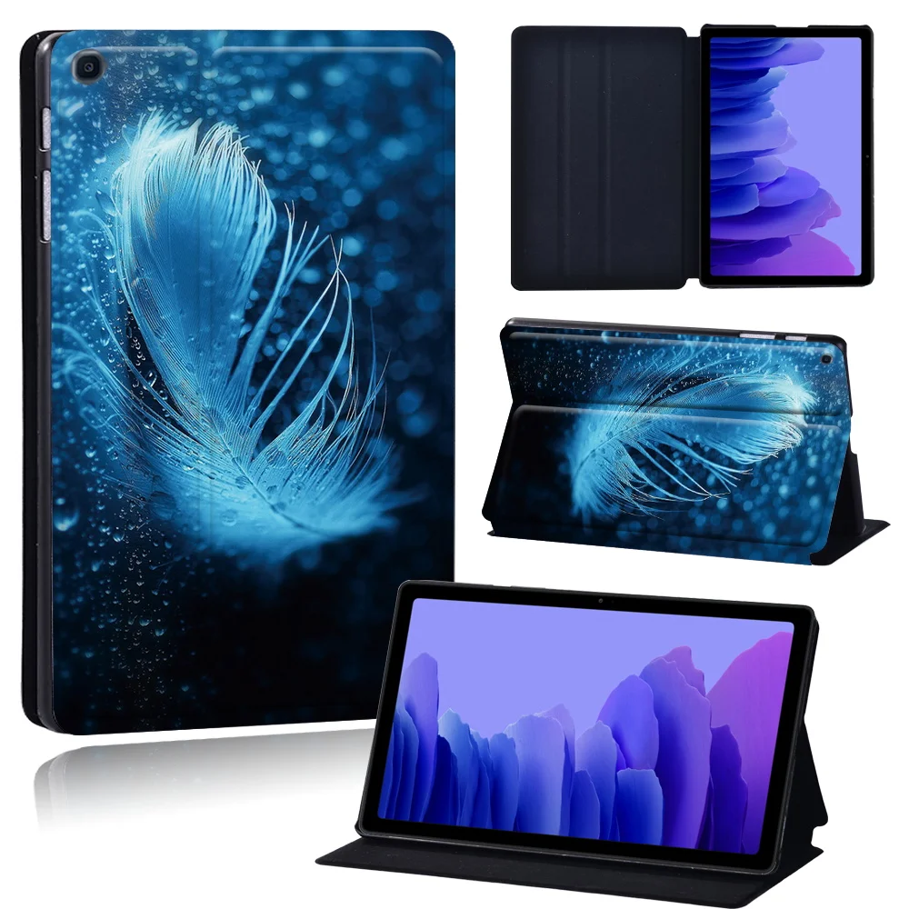 Tablets Case for Samsung Galaxy Tab A7 10.4 Inch 2020 T500/T505 Printed Feather PU Leather Tablet Stand folio Cover+ Free Stylus