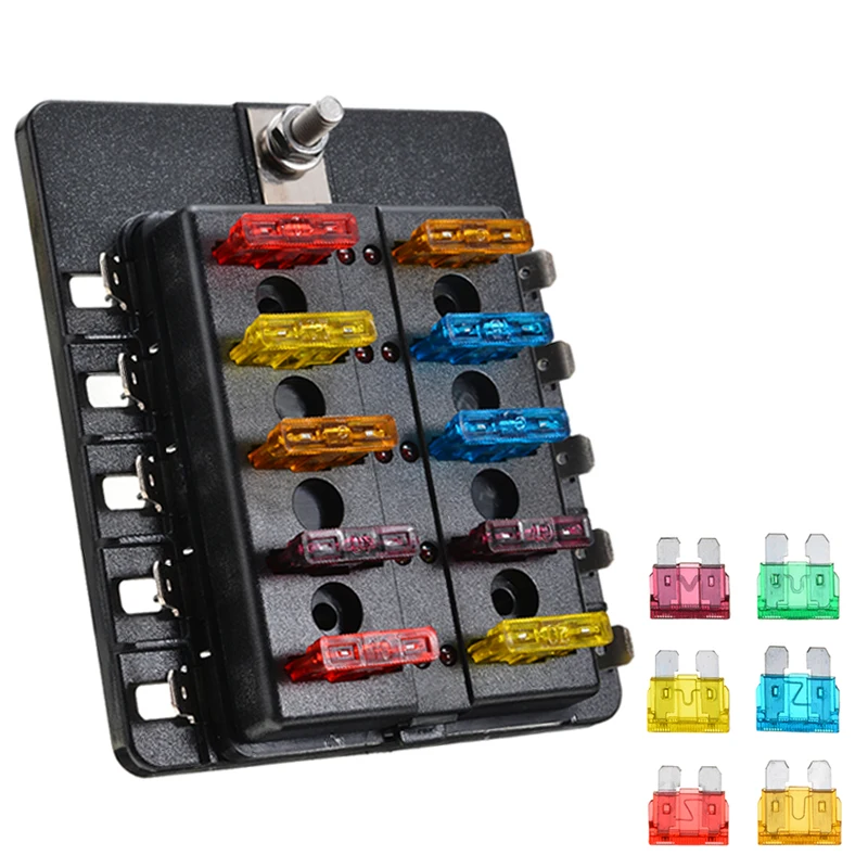 

10 Way Blade Fuse Box Car Boat Truck Fuses+Terminals 10 Way Blade Fuse Box Holder Fuse Blocks with Red LED Indicator 12V 24V