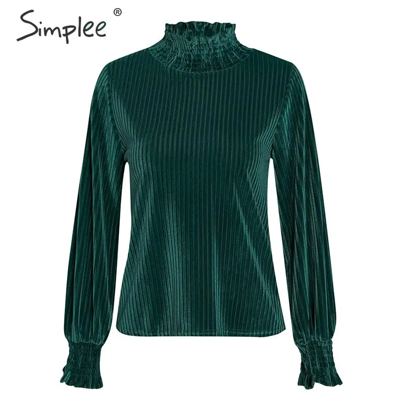  Simplee Vintage striped velvet women blouse shirt Stand neck lantern sleeve female top shirts Autum