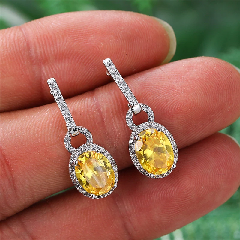 Pendientes de gota de cristal amarillo de lujo para mujer, de Color plateado, piedra arcoíris ovalada linda, encanto de boda|Pendientes con forma de - AliExpress