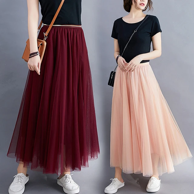 Falda larga de tul de princesa para mujer, faldas largas de estilo coreano, color Beige, rosa, azul, verde, Burdeos y negro _ - AliExpress