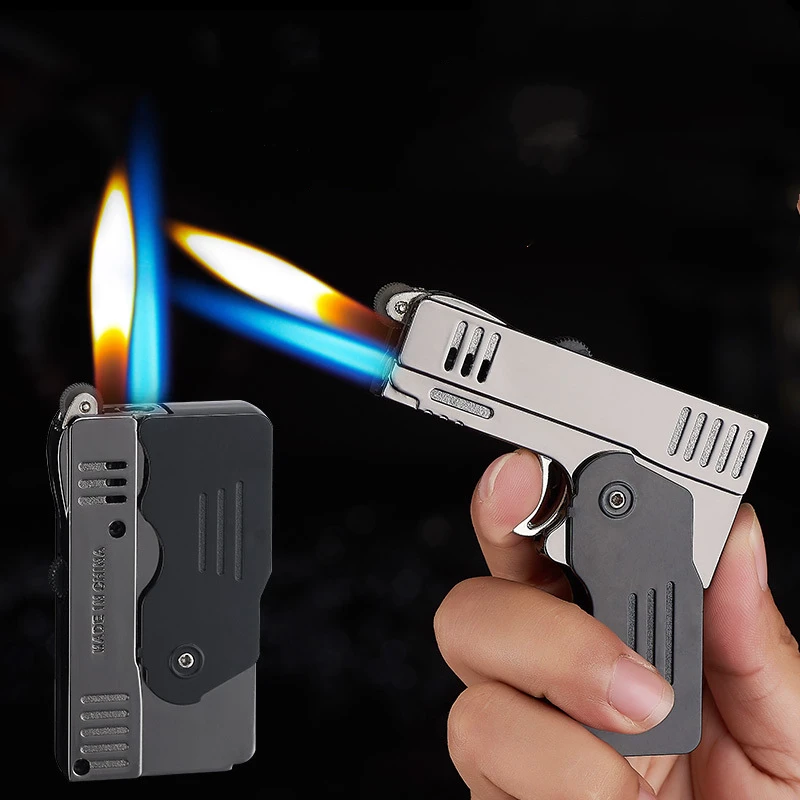 

Double Fire Deformation Pistol Flint Grinding Wheel Torch Lighter Jet Free Fire Butane Gas Metal Windproof Cigarette Lighter