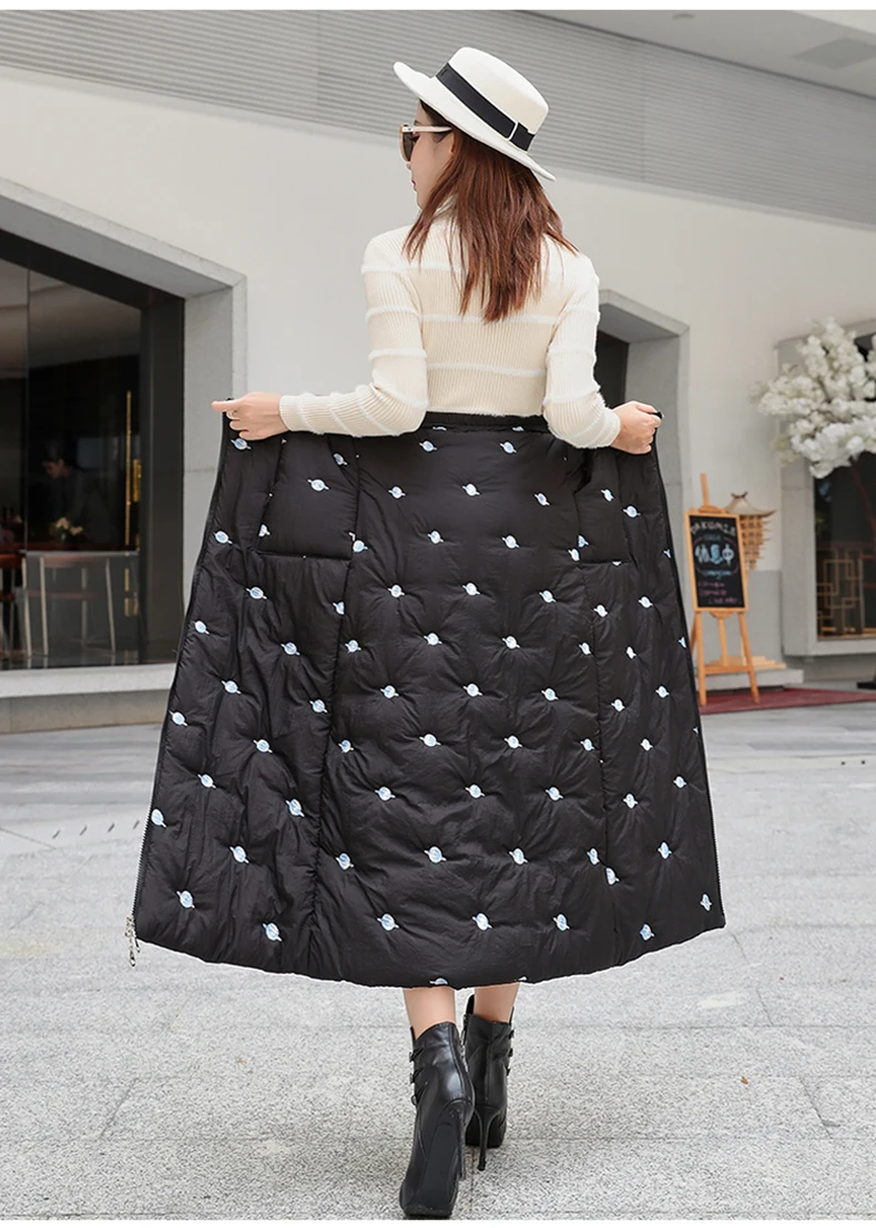 Теплая зимняя женская юбка плюс размер 4XL длинная молния утолщенная Линия Вышивка Черная Макси Высокая талия женские пуховики женские юбки