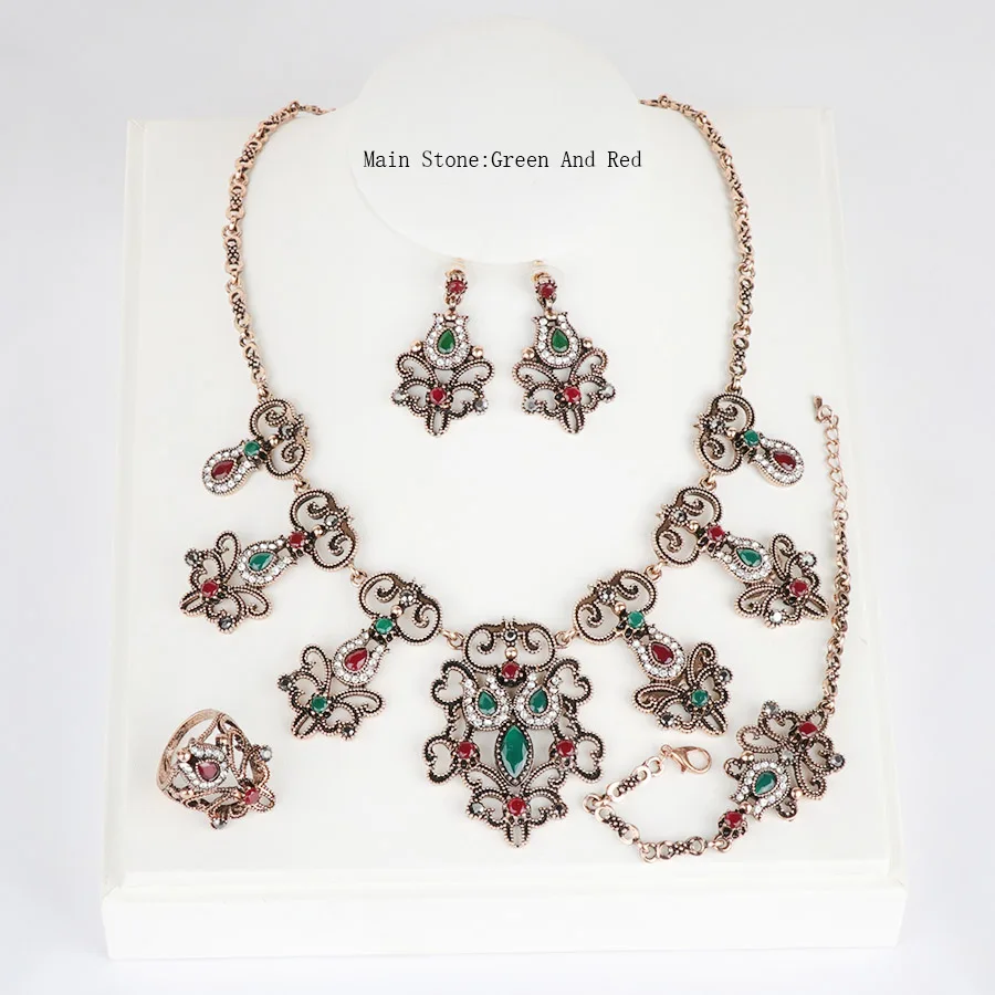 4pcs green Kinel 4Pcs India Bridal Wedding Jewelry Sets Antique Gold Turkey Gray Crystal Flower Earring Necklace Bracelet Ring For Women - Окраска металла: 4pcs green