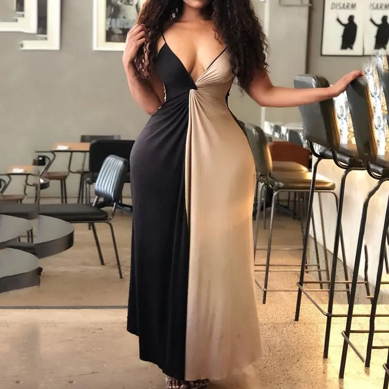 

Sexy Elegant Evening Long Party Dress Women Black Patchwork Designer Formal Maxi Dresses African Fashion Backless Summer V Neck
