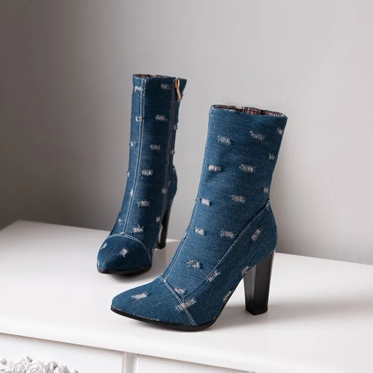 Джинсовые ботинки с острым носком; botines femme; коллекция года; уличные джинсовые ботинки на высоком каблуке; женские Ботинки martin на молнии сбоку; bottes; ботинки «Челси» с кисточками - Цвет: Синий