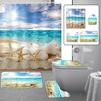 

Sunshine Beach Seashell SShower Curtain Set Bath Mats Waterproof Bathroom Curtain Non-Slip Rug Toilet Cover Bathroom Accessories