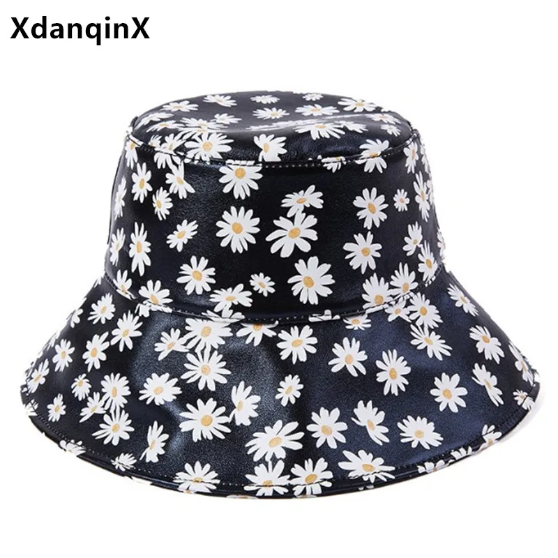 XdanqinX women's hat natural genuine leather hat bucket hats for women