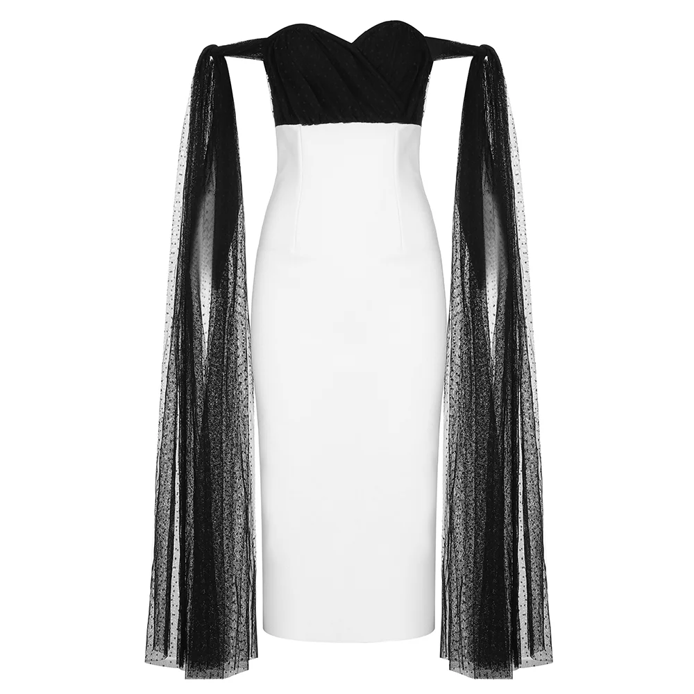 Ocstrade Sexy Off Shoulder Black and White Bandage Dress 2020 Women Summer Sheer Mesh Bandage Dress Bodycon Evening Party Dress