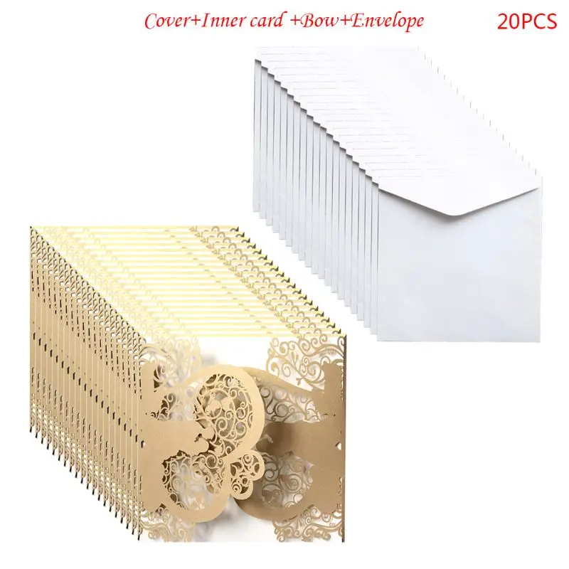  20 Pcs European Style Wedding Invitation Card with Bow Envelope Kit Party Supply - 4000570403004
