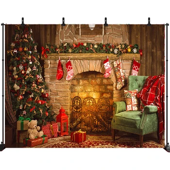 

Merry Christmas Photography Backdrop Fireplace Christmas Tree Vinyl Background for Party Photo Studio Prop