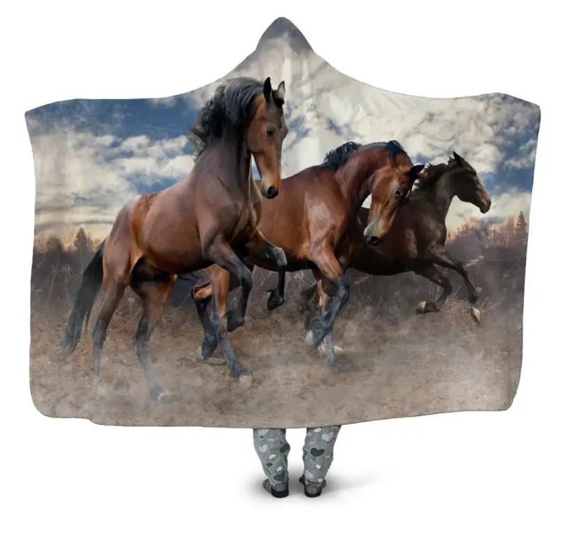 

Gallant Horse 3D Printing Throw Hooded Blanket Wearable Warm Fleece Bedding Office Quilts Soft Adults Travel 04