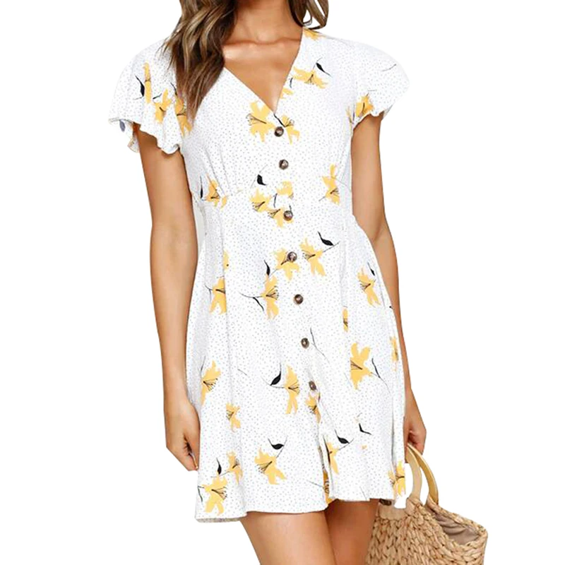 Women Dress Summer Dress Fashion Dress Sweet Flower Printed Dress All-match Dress V-Neck Concise Casual Dress V Collar Dress New