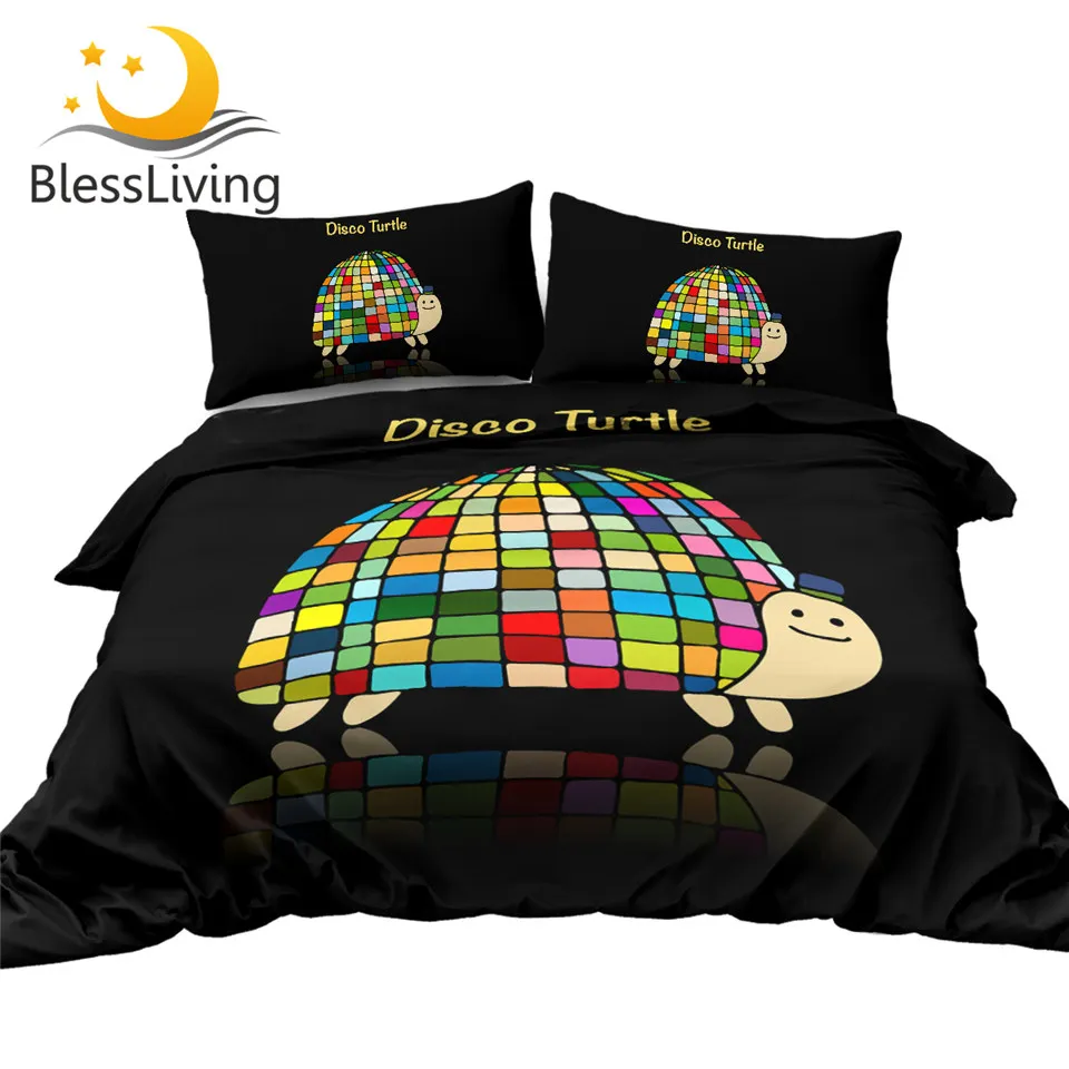 

BlessLiving Disco Turtle Bedding Set Funny Tortoise Duvet Cover Set Queen Size Cartoon Bed Cover Adult Colorful Bedclothes 3pcs