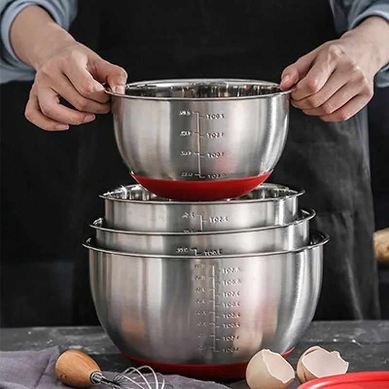 Tigelas de aço inoxidável tigela de mistura com escala diy bolo pão salada misturador cozinha cozinhar ferramenta com uma tampa