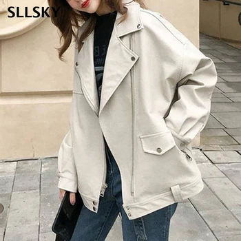 

SLLSKY Fashion Oversized Coat Women Faux Leather Jacket Spring Autumn Loose Biker Motorcycle Jackets Female Punk Streetwear