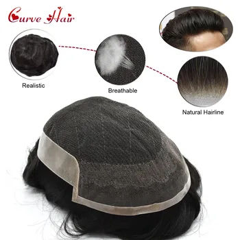 

Natural Black Human Hair Mens Toupee French Lace Front Wig For Men Skin Hairpiece Medium Density Hair SystemOCT
