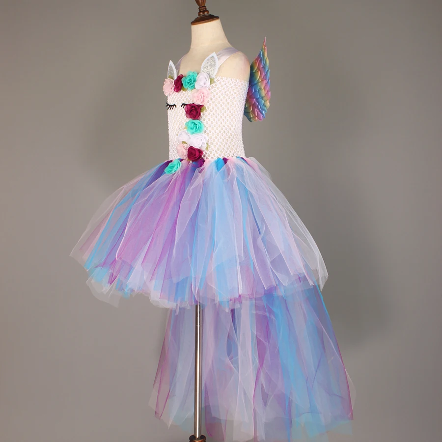 Kids Pastel Rainbow Unicorn Princess Tutu Dress Girls Halloween Pageant Costume Kids Tulle Train Unicorn Birthday Ball Gown Dress  (12)