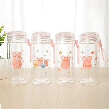 

Cartoon Cute Mouse Water Cups Transparent Double-layer Heat-resistant Glass with Rope 280ml Mini Portable Outdoor Water Bottles