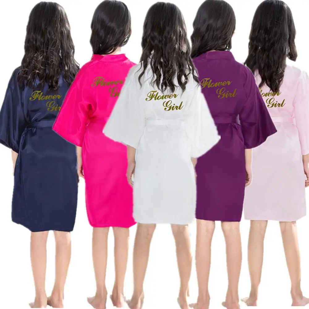 2021 Silk Satin Wedding Bride Golden Flower Girls Robe Solid Bathrobe Short Kimono Night Bath Dressing Gown | Женская одежда